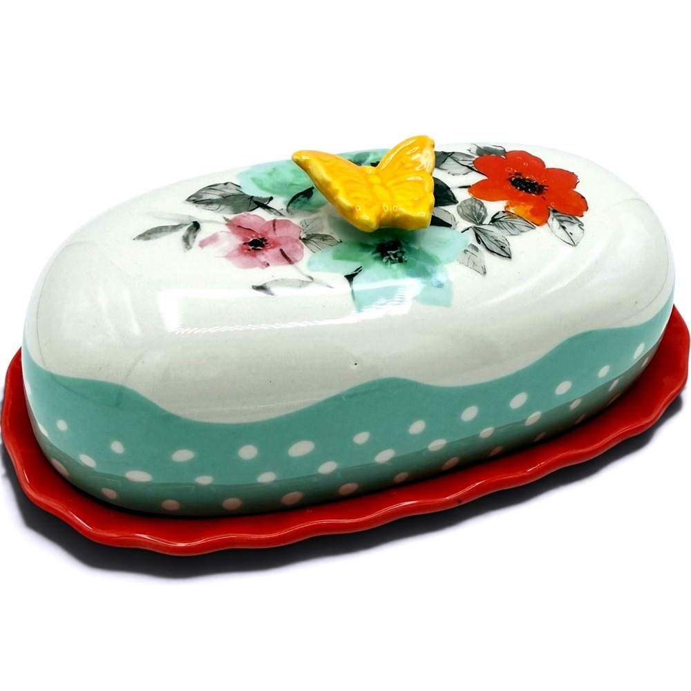 The Pioneer Woman Flea Market Floral Butter Dish Butterfly Red Turquoise 6.5"